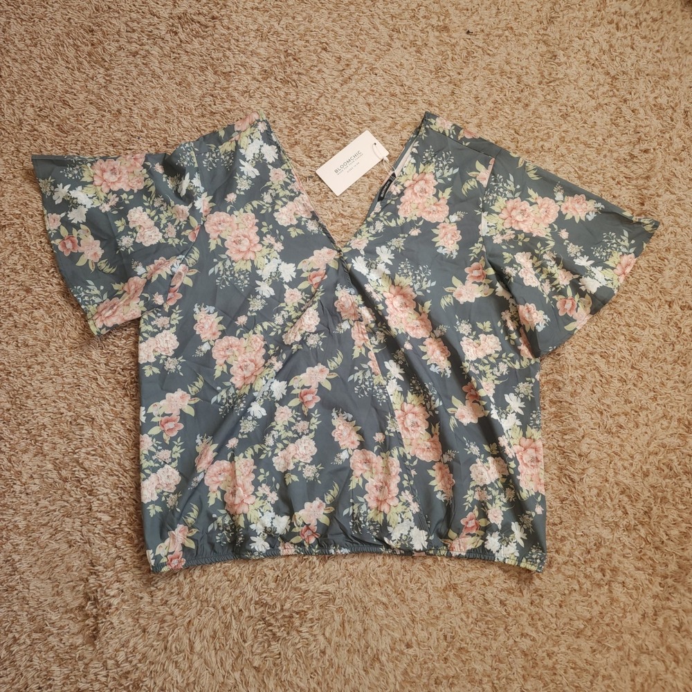 Bloomchic Surplice Blouse Women 18 Teal Grey Pink Floral Flutter Sleeve V-Neck
